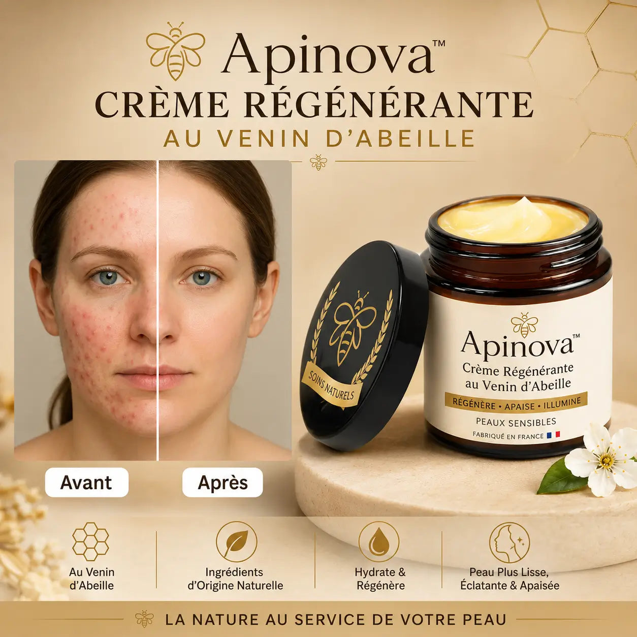 Apinova™ Crème Régénérante au Venin d’Abeille | Répare votre peau en 24 heures!