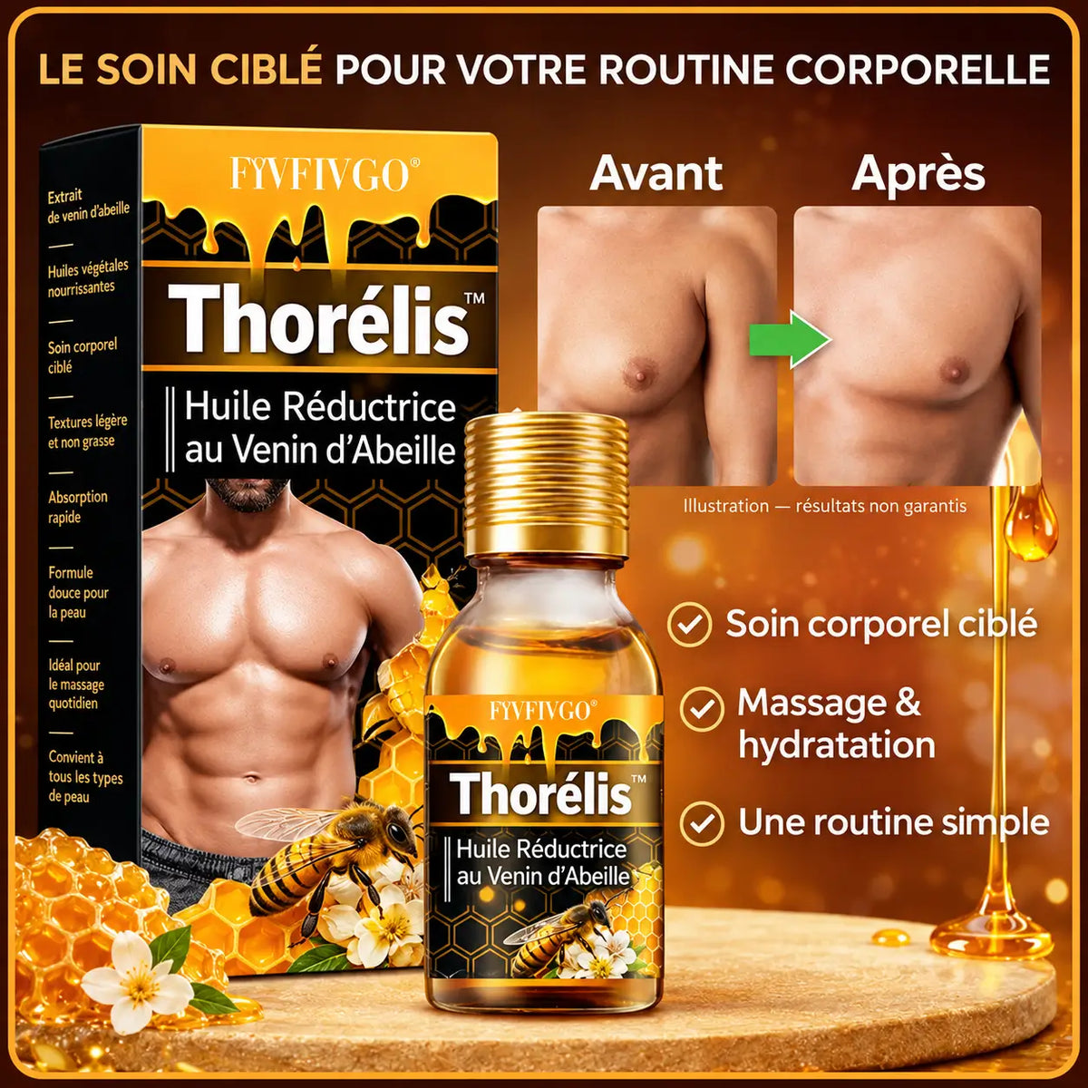 Thorélis™ Huile Réductrice au Venin d’Abeille | Réduit la graisse des pectoraux en 2 minutes !