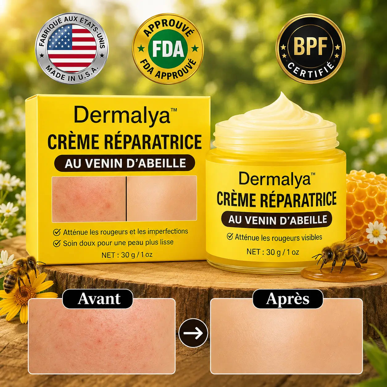 Dermalya™ Crème Réparatrice au Venin d’Abeille | Efface rougeurs & imperfections en 3 jours!
