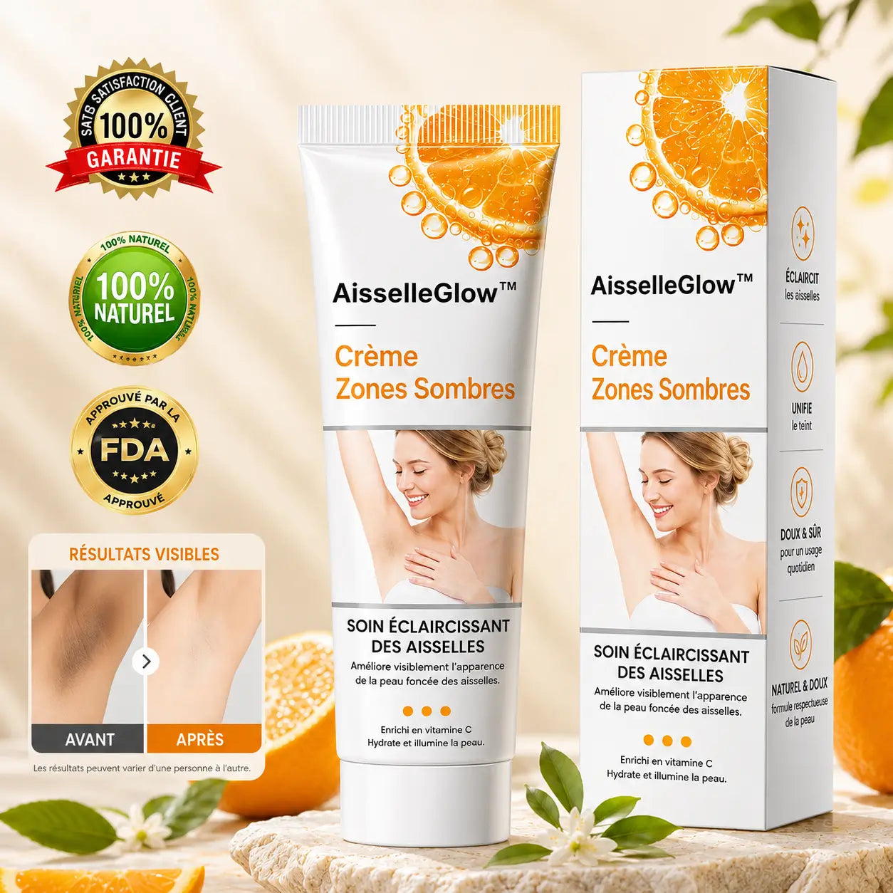 AisselleGlow™ Crème Zones Sombres | Éclaircissez visiblement aisselles, genoux, coudes et entre-cuisses sans effet collant !