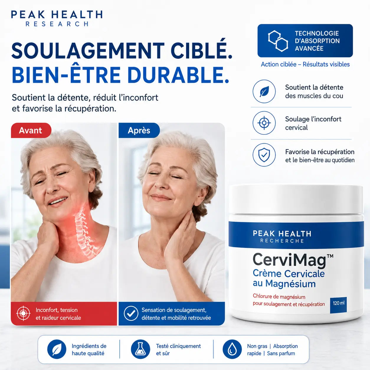CerviMag™ Crème Cervicale au Magnésium | Débloquez votre nuque et retrouvez une rotation complète en 3 à 4 semaines !