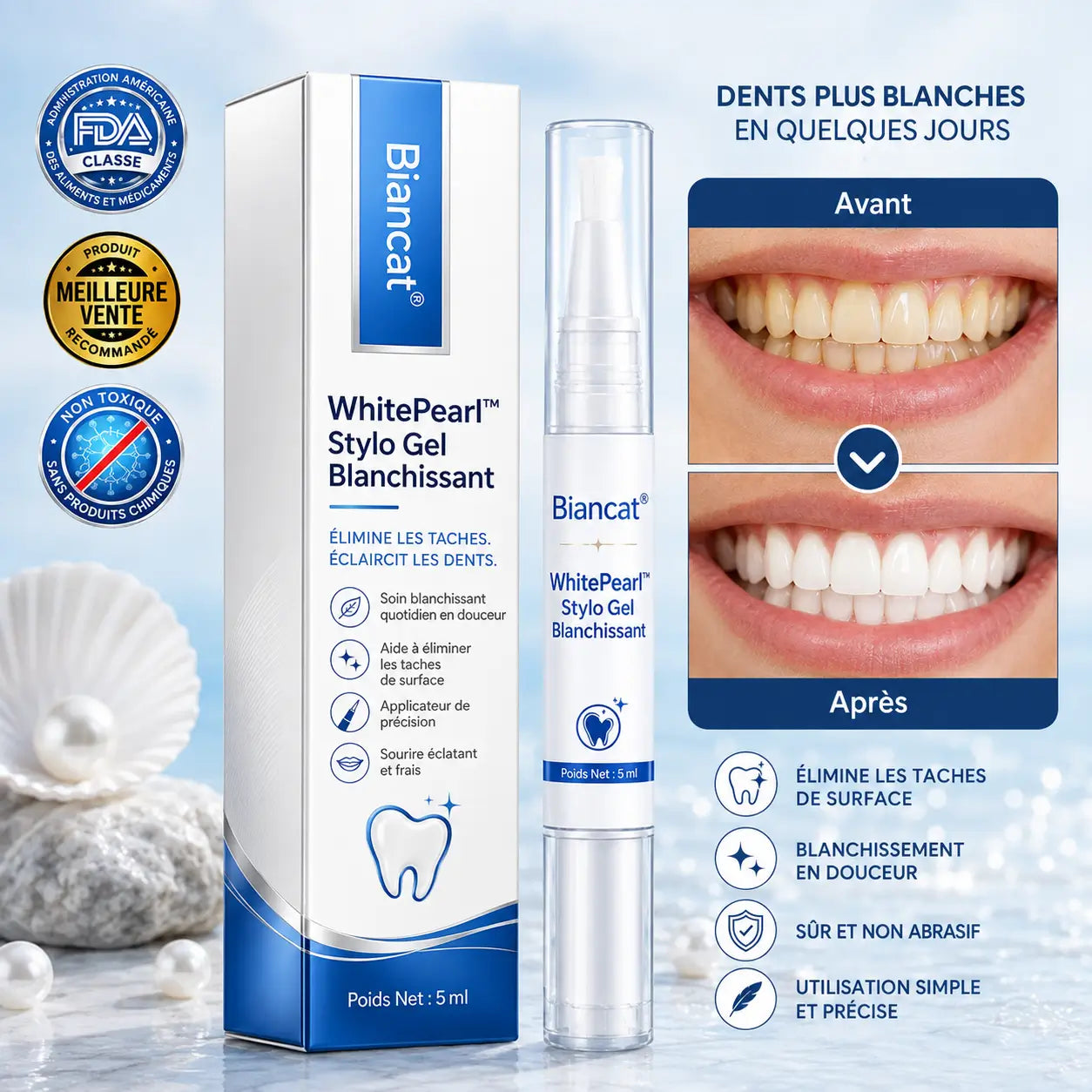 WhitePearl™ Stylo Gel Blanchissant | Effacez les taches jaunes et retrouvez un sourire plus blanc en 7 jours !