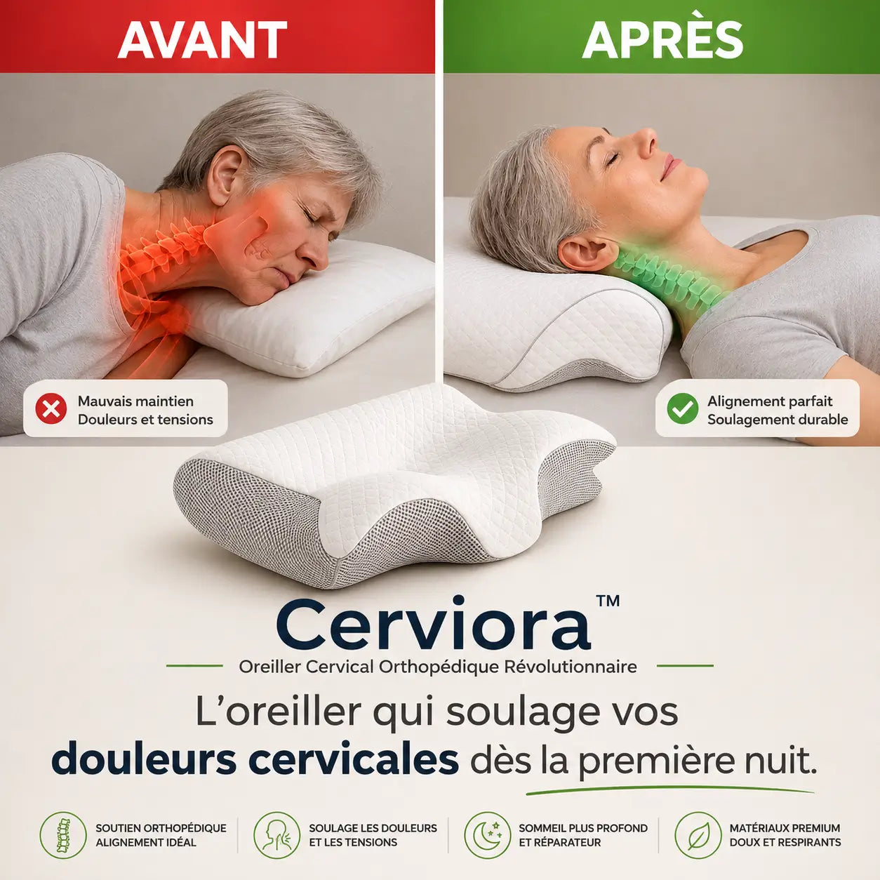 Cerviora™ Oreiller Cervical Orthopédique Révolutionnaire | Éliminez ronflements et douleurs cervicales dès la première nuit !