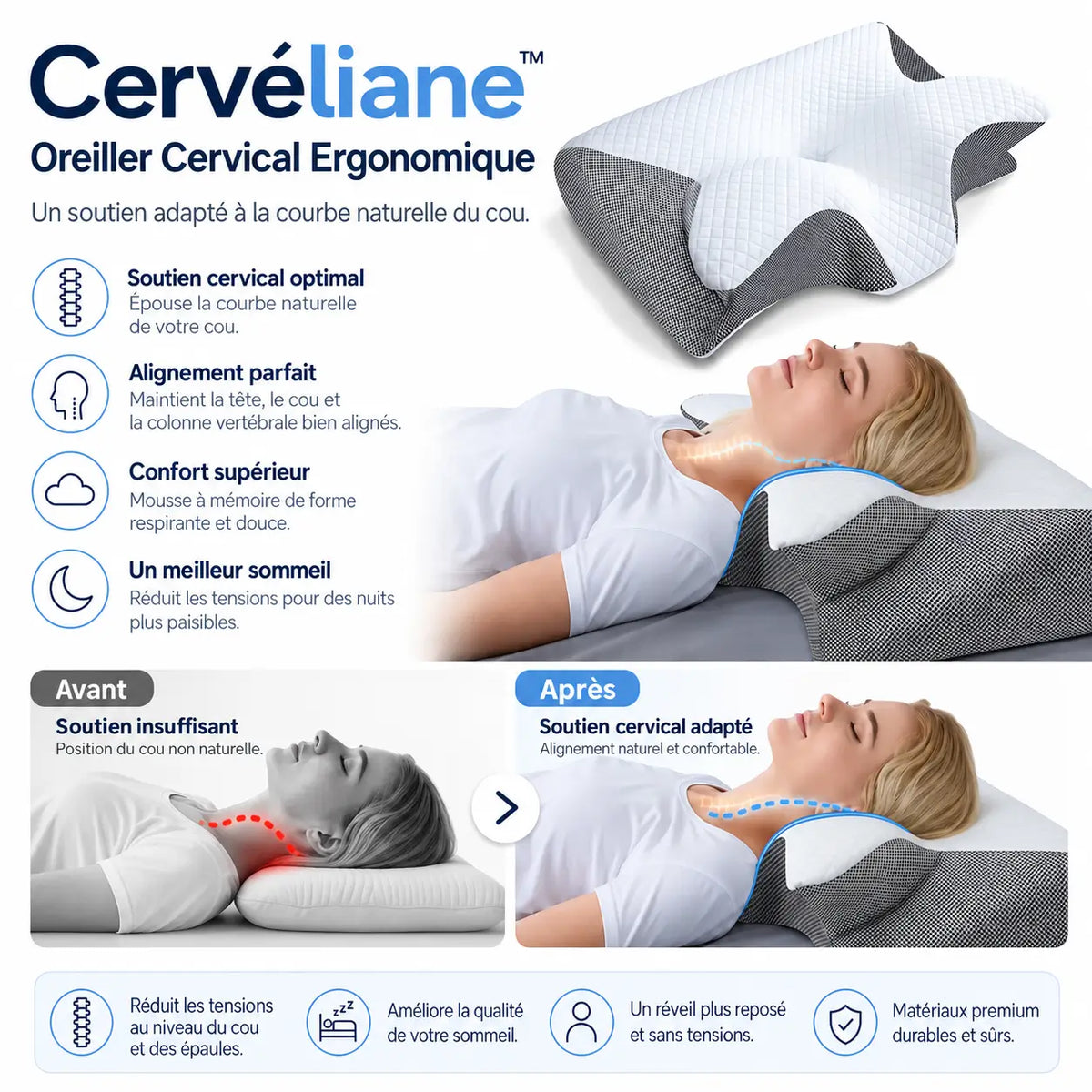 Cervéliane™ Oreiller Cervical Ergonomique | Élimine les douleurs cervicales dès la première nuit!