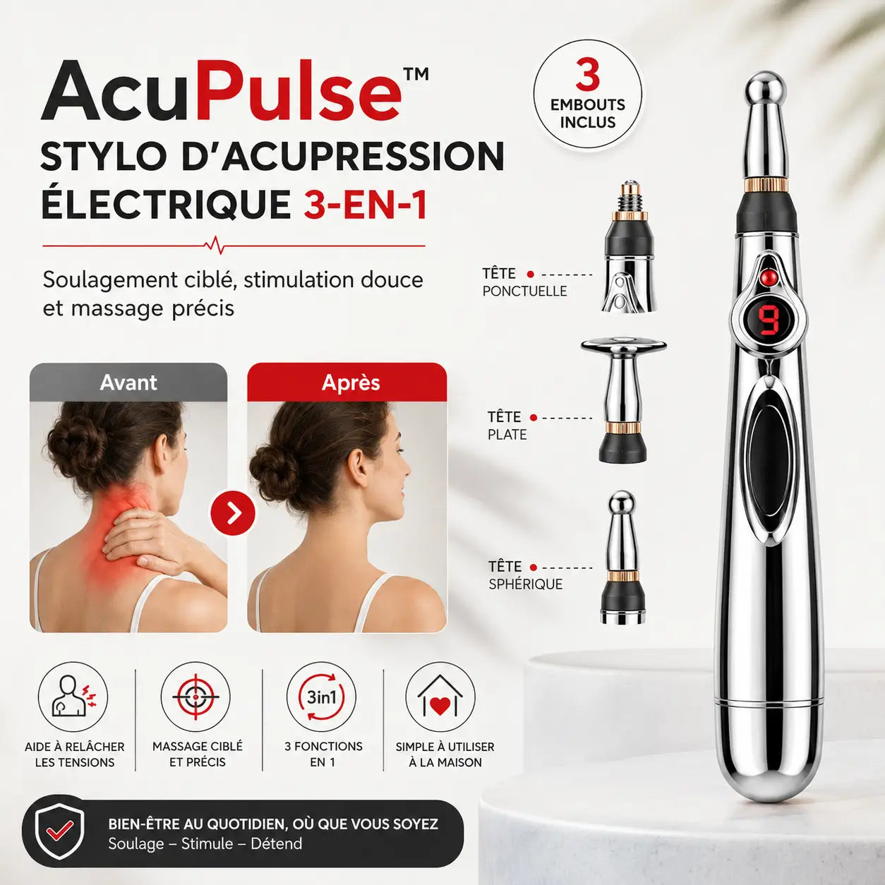 AcuPulse™ Stylo d’Acupression Électrique 3-en-1 | Soulagez tensions, contractures et douleurs musculaires en quelques minutes !