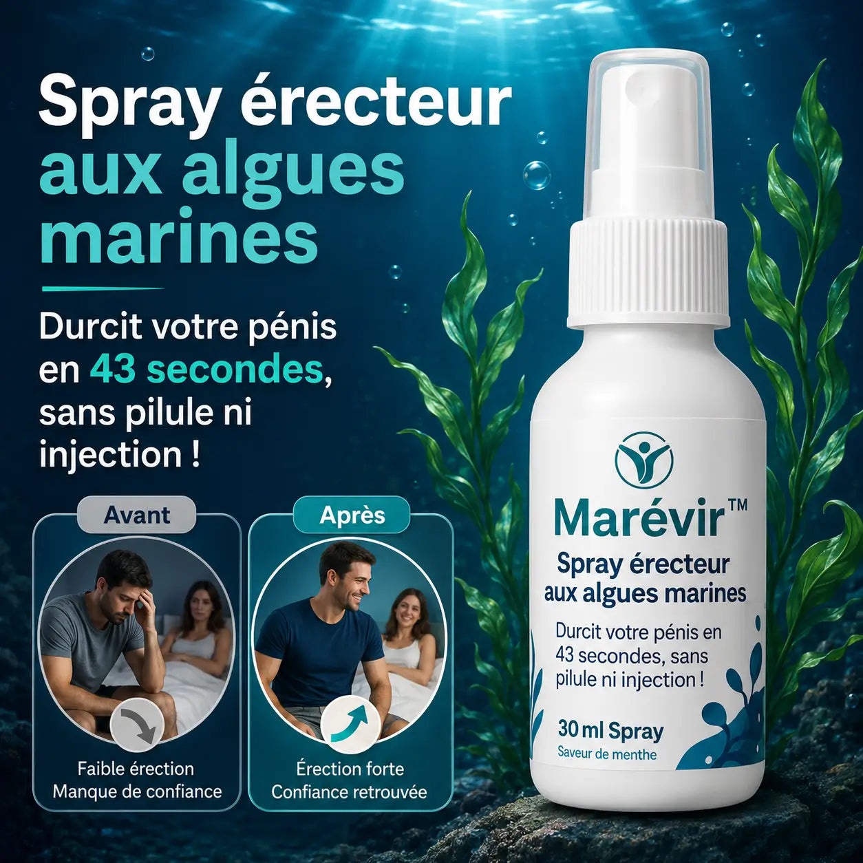 Marévir™ Spray Érecteur aux Algues Marines | Durcit votre pénis en 43 secondes, sans pilule ni injection!