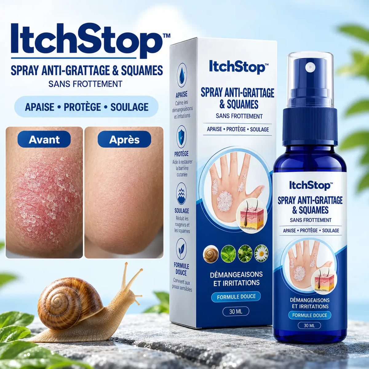 ItchStop™ Spray Anti-Grattage & Squames | Apaisez les démangeaisons et adoucissez les plaques sans frotter !