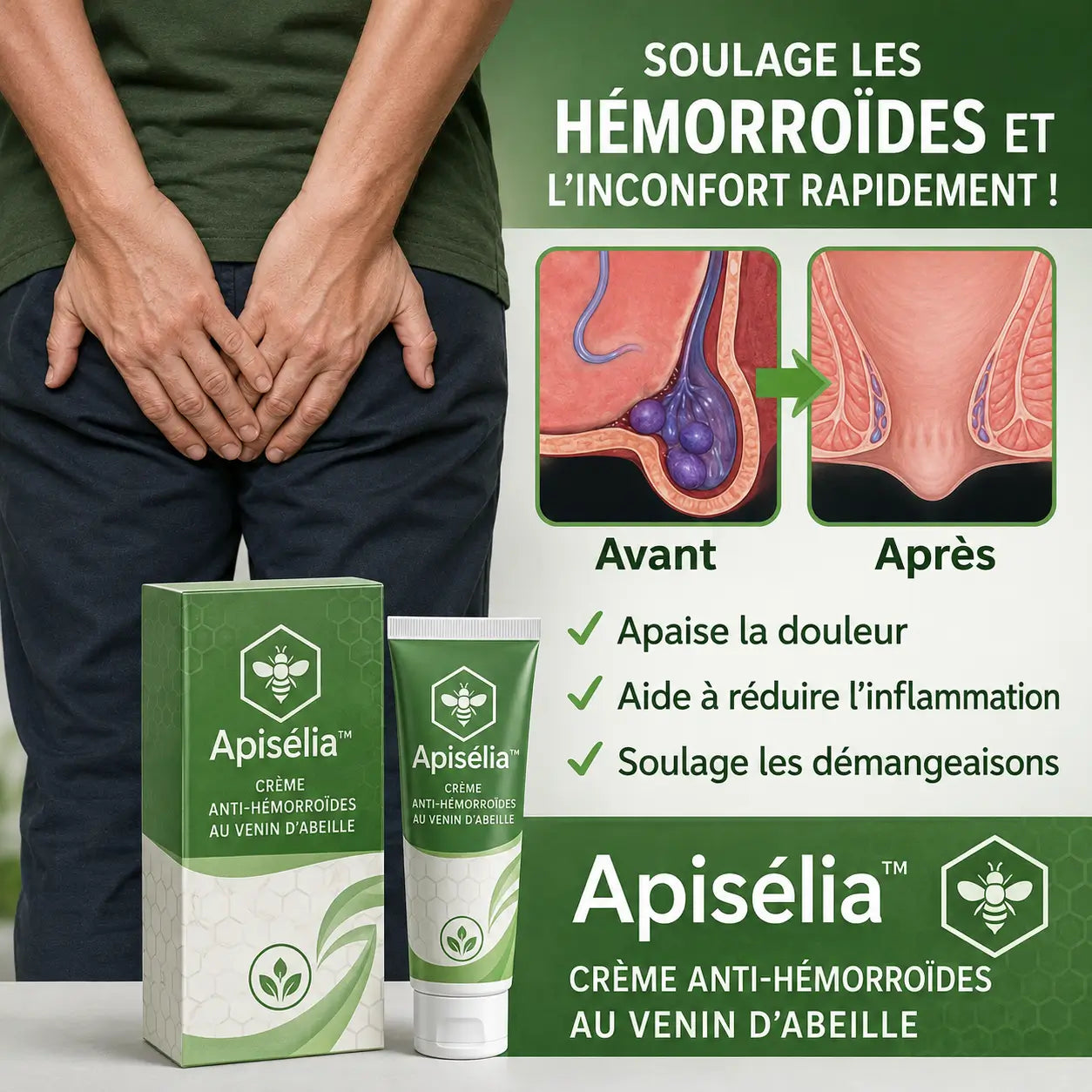 Apisélia™ Crème Anti-Hémorroïdes au Venin d’Abeille | Faites disparaître vos hémorroïdes dès la première application !