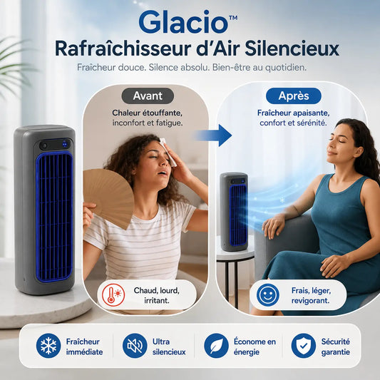 Glacio™ Rafraîchisseur d’Air Silencieux | Transformez l’air étouffant en brise fraîche en 30 secondes, sans clim ni facture explosive !