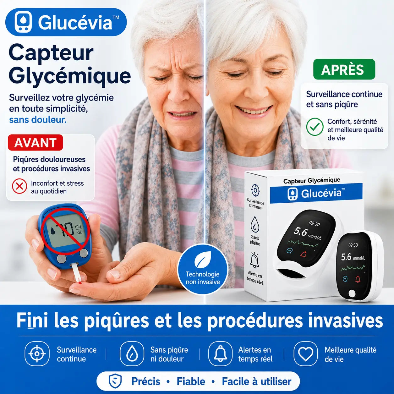 Glucévia™ Capteur Glycémique | Contrôlez votre glycémie en 5 secondes, sans piqûres, sans douleur !