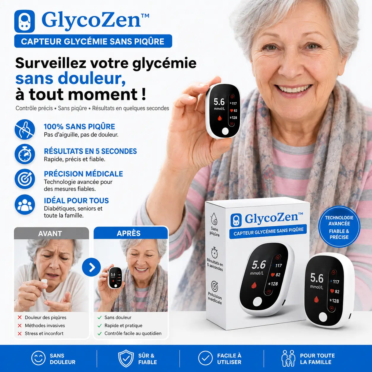 GlycoZen™ Capteur Glycémie Sans Piqûre | Contrôlez votre glycémie en 5 secondes, sans piqûres, sans douleur !