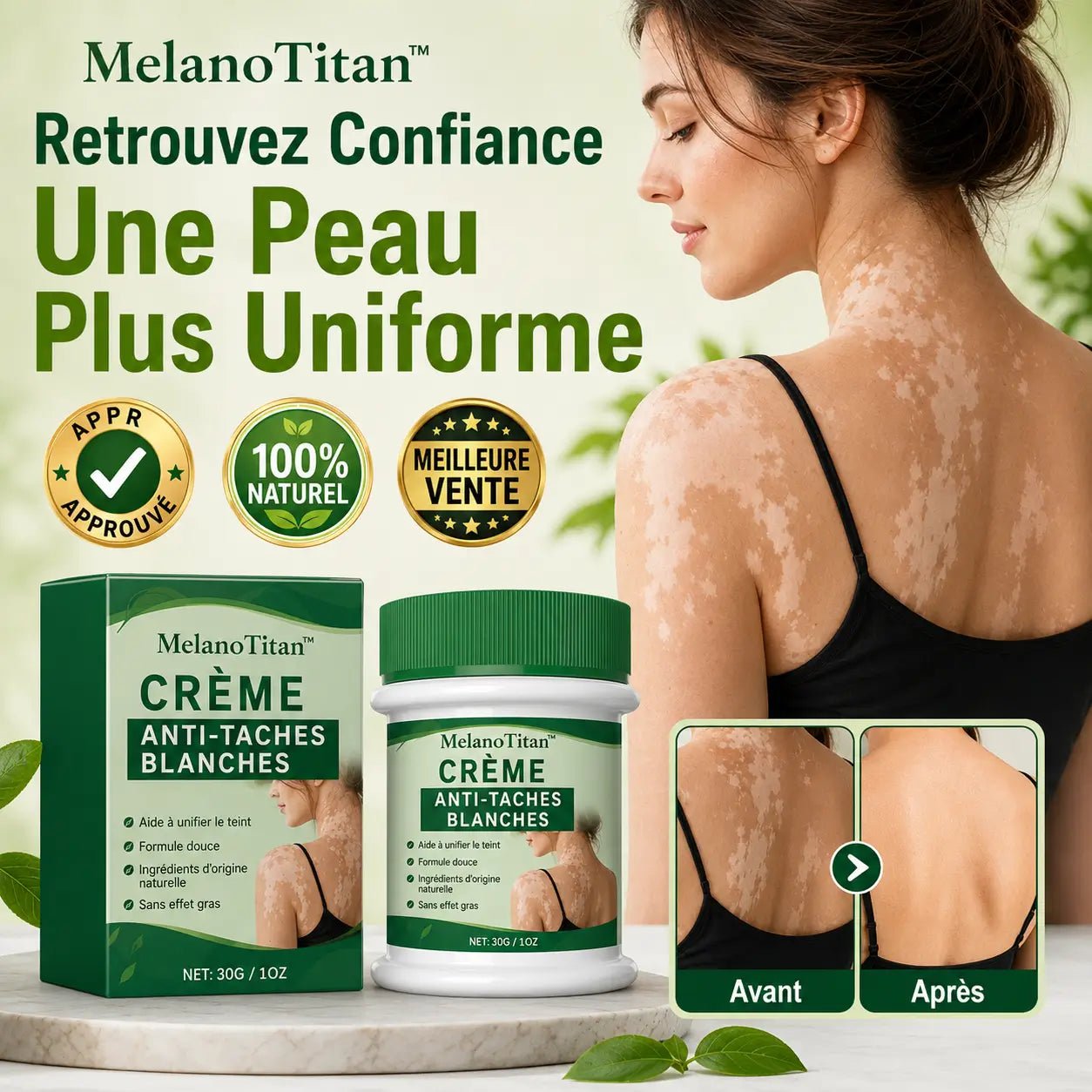 MelanoTitan™ Crème Anti-Taches Blanches | Uniformisez votre peau en 7 jours, sans maquillage épais !