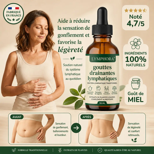 Lymphora™ Gouttes Drainantes Lymphatiques | Dégonflez ventre, jambes et visage en quelques jours en éliminant l’eau piégée sous votre peau !