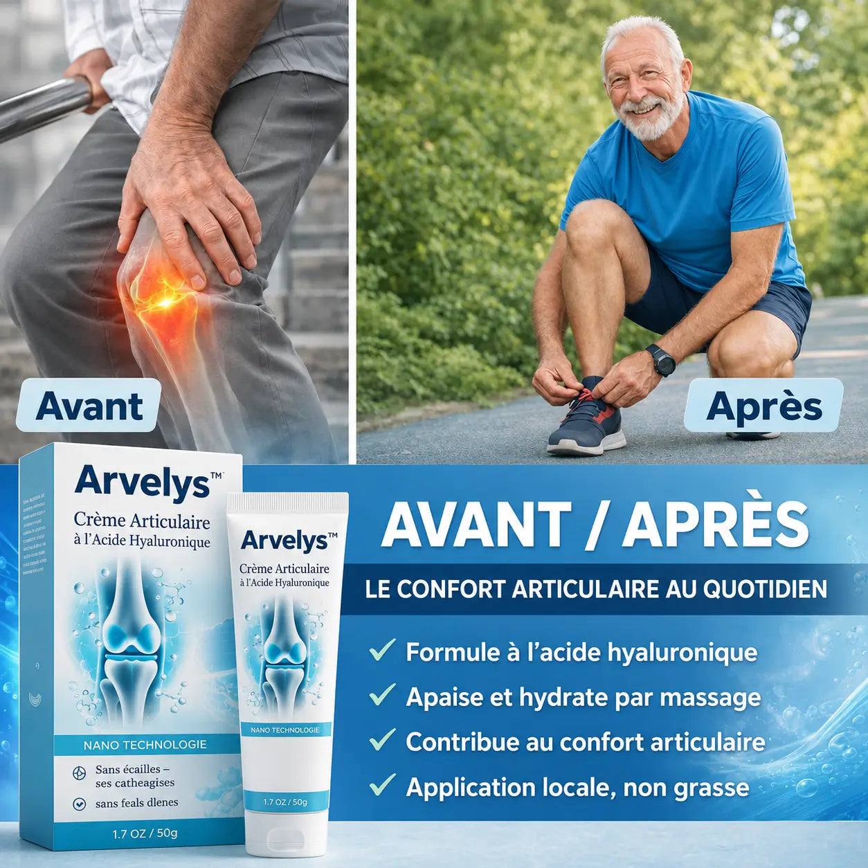 Arvelys™ Crème Articulaire à l’Acide Hyaluronique | Soulagez vos douleurs en 60 secondes !