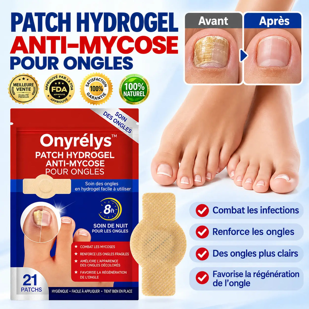 Onyrélys™ Patch Hydrogel Anti-Mycose pour Ongles | Effacez l’aspect jaune, épais et abîmé pendant votre sommeil !