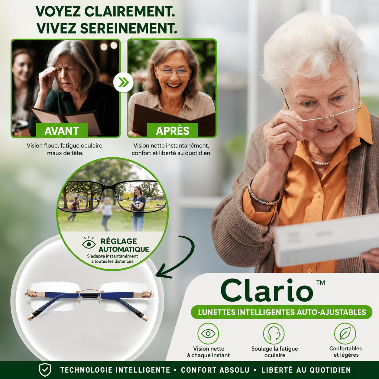 Clario™ Lunettes Intelligentes Auto-Ajustables | Voyez net à toutes les distances sans ordonnance ni lunettes hors de prix !