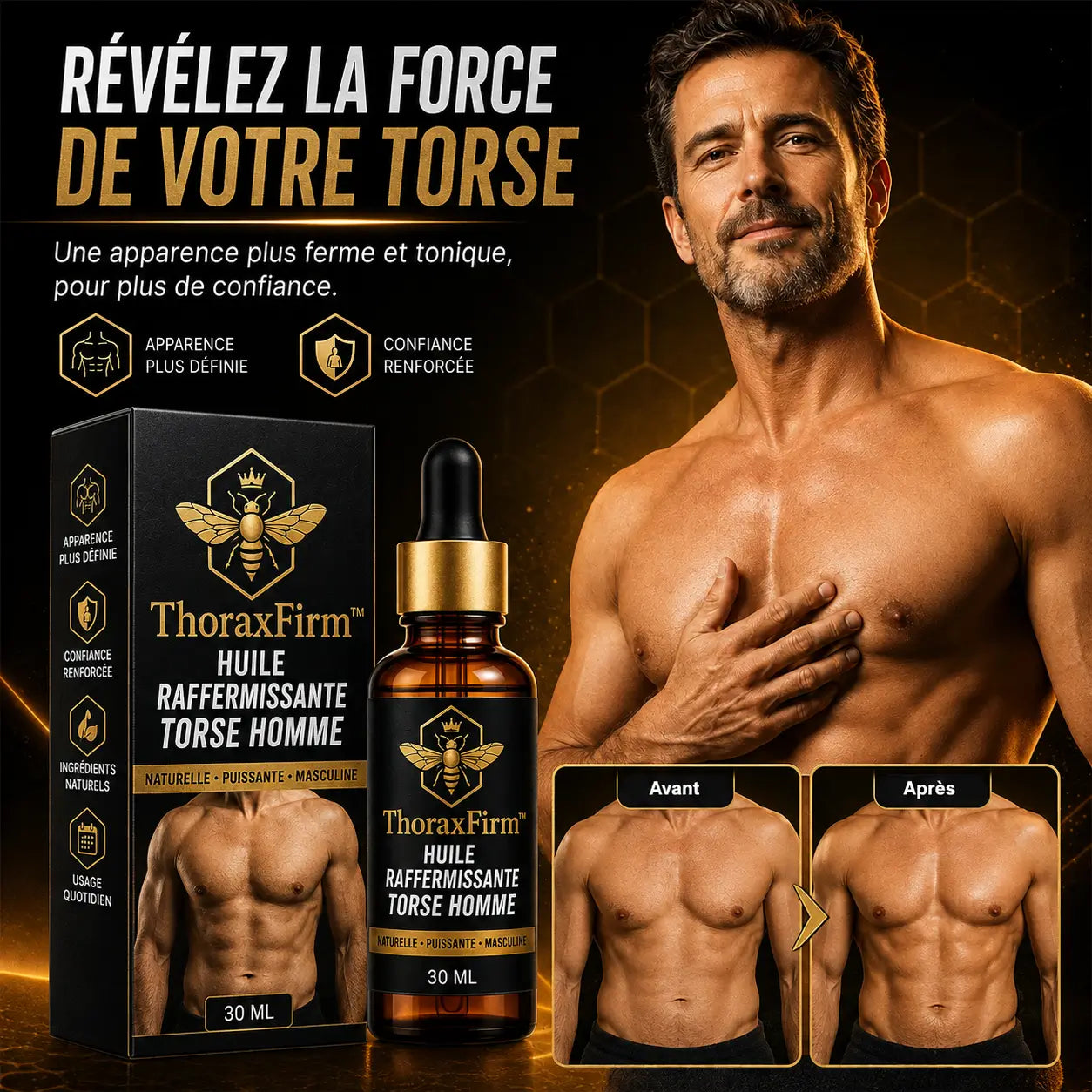 ThoraxFirm™ Huile Raffermissante Torse Homme | Transformez une poitrine molle en torse plus ferme, plus plat et plus viril !
