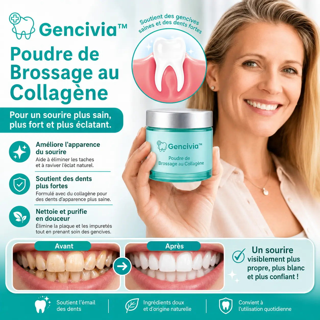 Gencivia™ Poudre de Brossage au Collagène | Stoppez le saignement des gencives et retrouvez le confort en 21 jours !