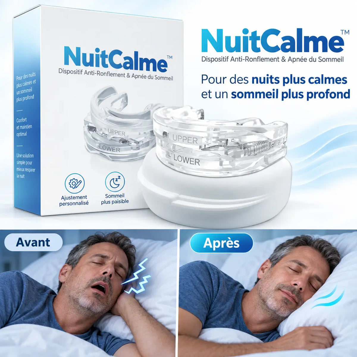 NuitCalme™ Dispositif Anti-Ronflement & Apnée du Sommeil | Respirez librement et dormez profondément dès la première nuit !