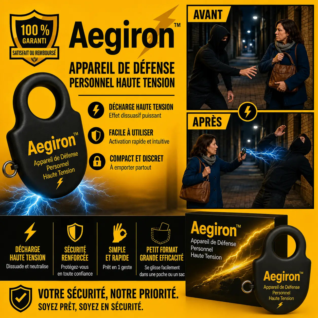 Aegiron™ Appareil de Défense Personnel Haute Tension | Neutralise tout agresseur en 1 seconde, sans effort !