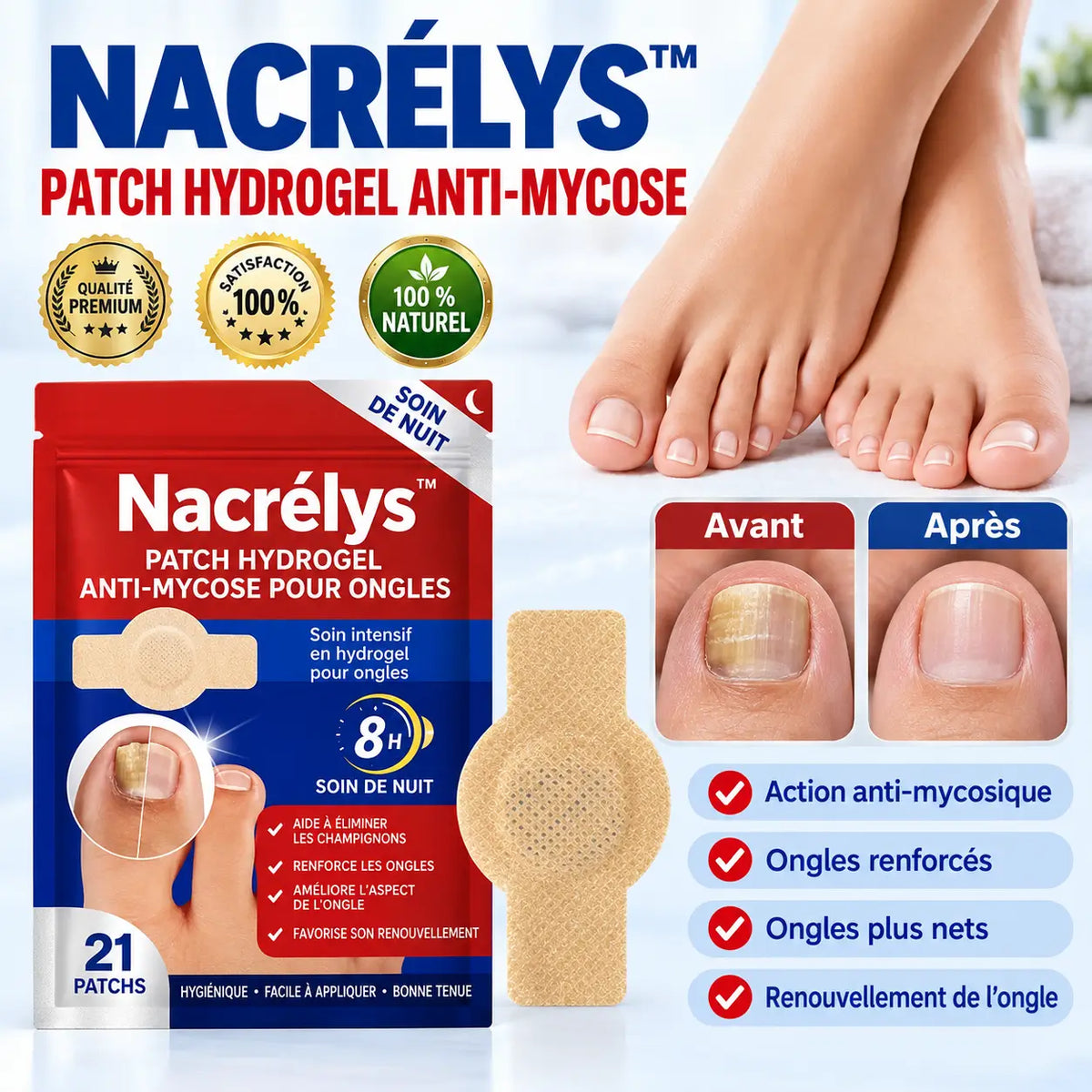 Nacrélys™ Patch Hydrogel Anti-Mycose pour Ongles | Effacez l’aspect jaune, épais et abîmé pendant votre sommeil !