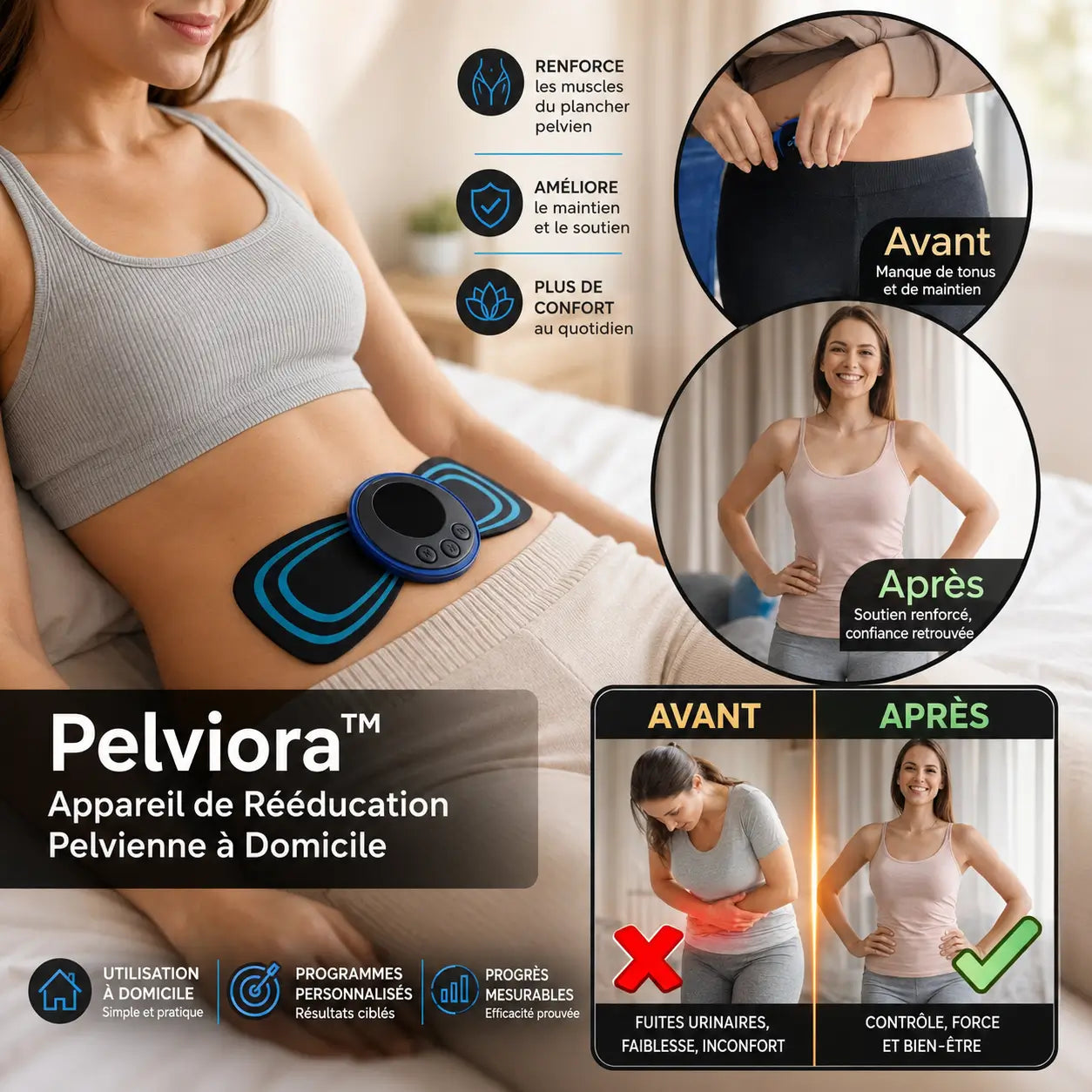 Pelviora™ Appareil de Rééducation Pelvienne à Domicile | Stoppez les fuites urinaires en 15 minutes par jour !