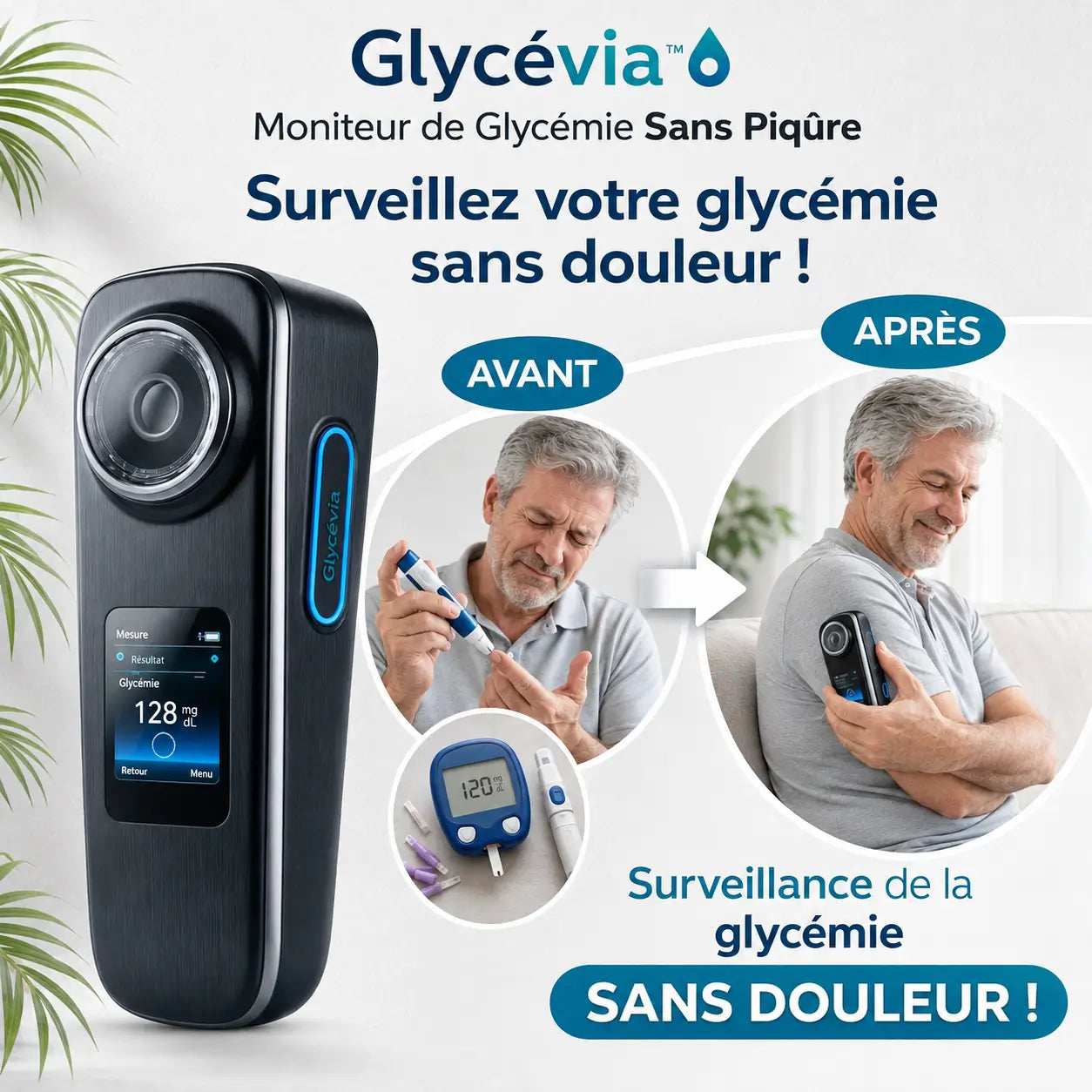 Glycévia™ Moniteur de Glycémie Sans Piqûre | Surveillez votre glycémie sans douleur !