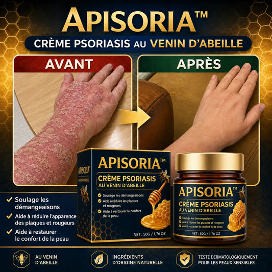Apisoria™ Crème Psoriasis au Venin d’Abeille | Éliminez plaques, démangeaisons et rougeurs en quelques minutes !