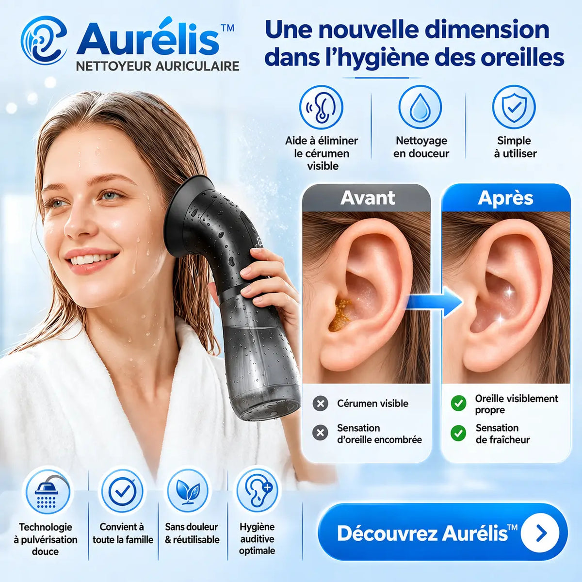 Aurélis™ Nettoyeur Auriculaire | Éliminez le cérumen en profondeur en quelques minutes et retrouvez une audition claire !