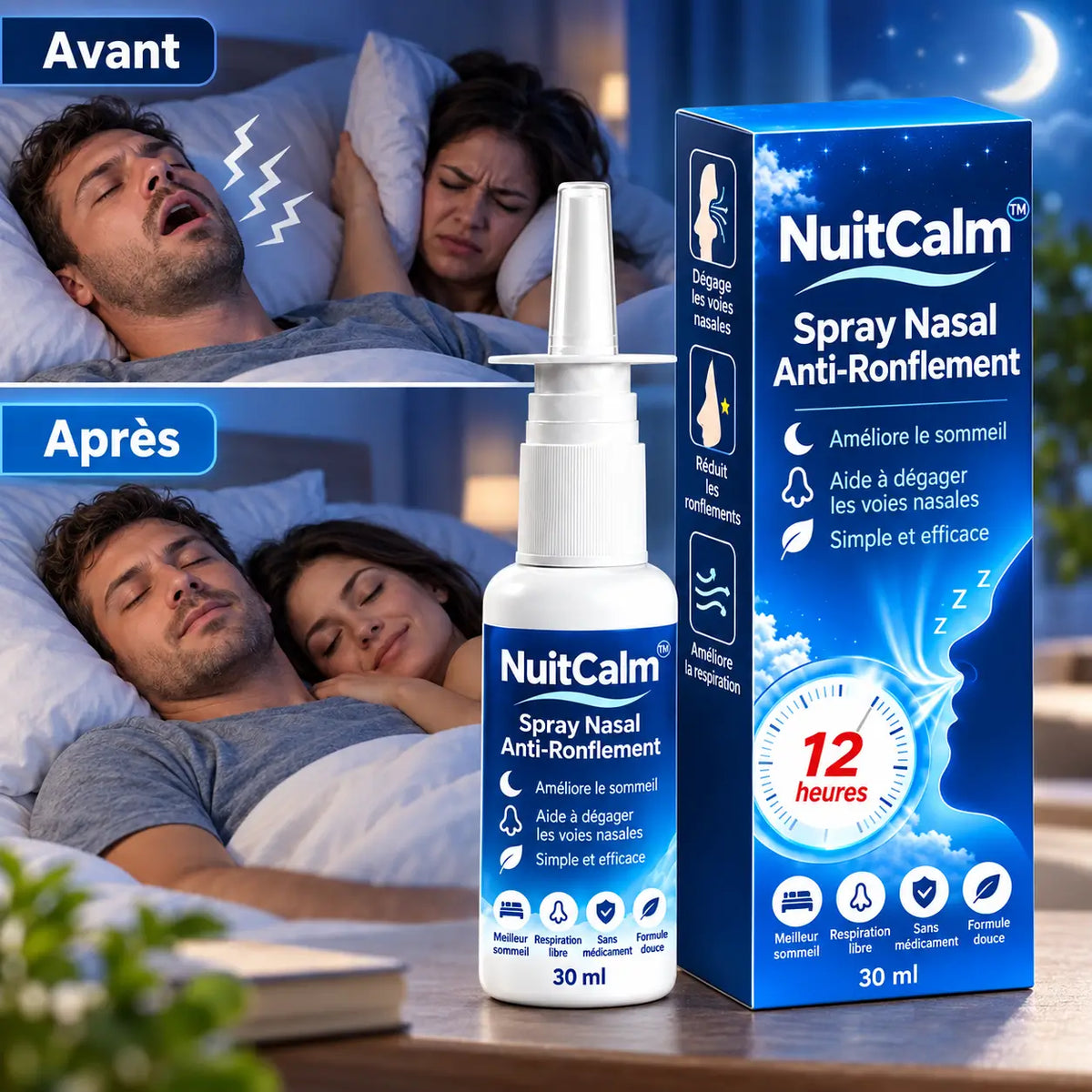 NuitCalm™ Spray Nasal Anti-Ronflement | Respirez plus librement et dormez plus silencieusement dès ce soir !