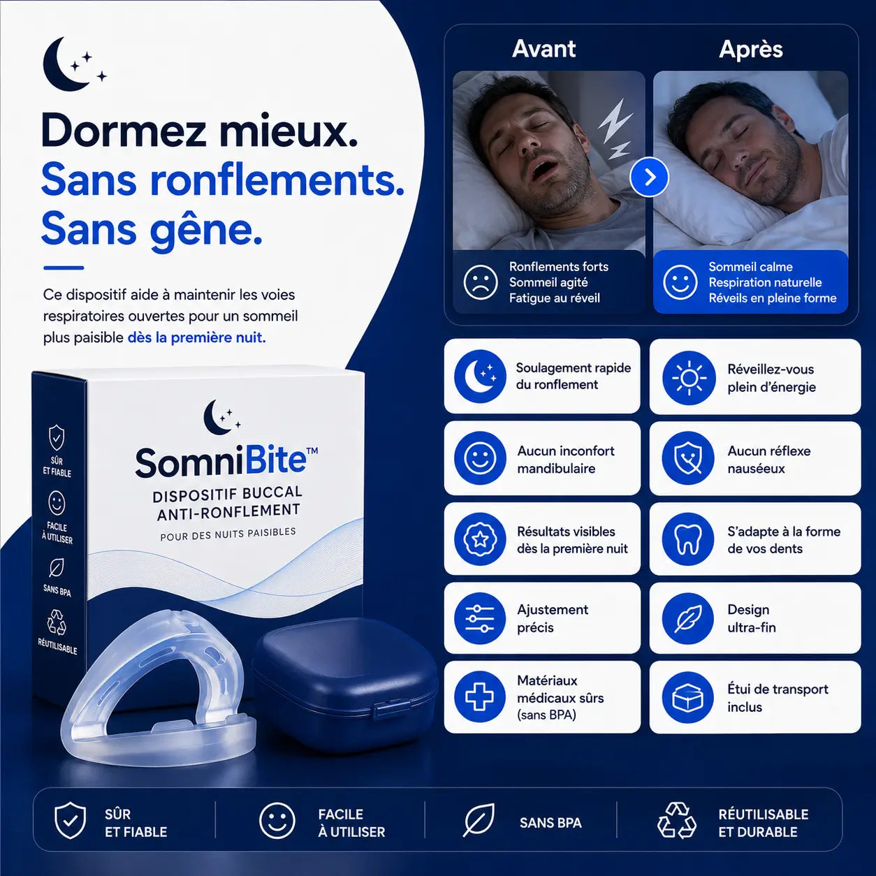 SomniBite™ Dispositif Buccal Anti-Ronflement | Avancez la mâchoire, libérez la respiration et dormez profondément dès la première nuit !