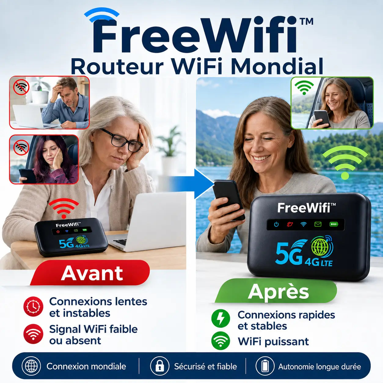 FreeWifi™ Routeur WiFi Mondial | Internet 4G/5G dans 196 pays en 5 secondes chrono, sans surcoût !
