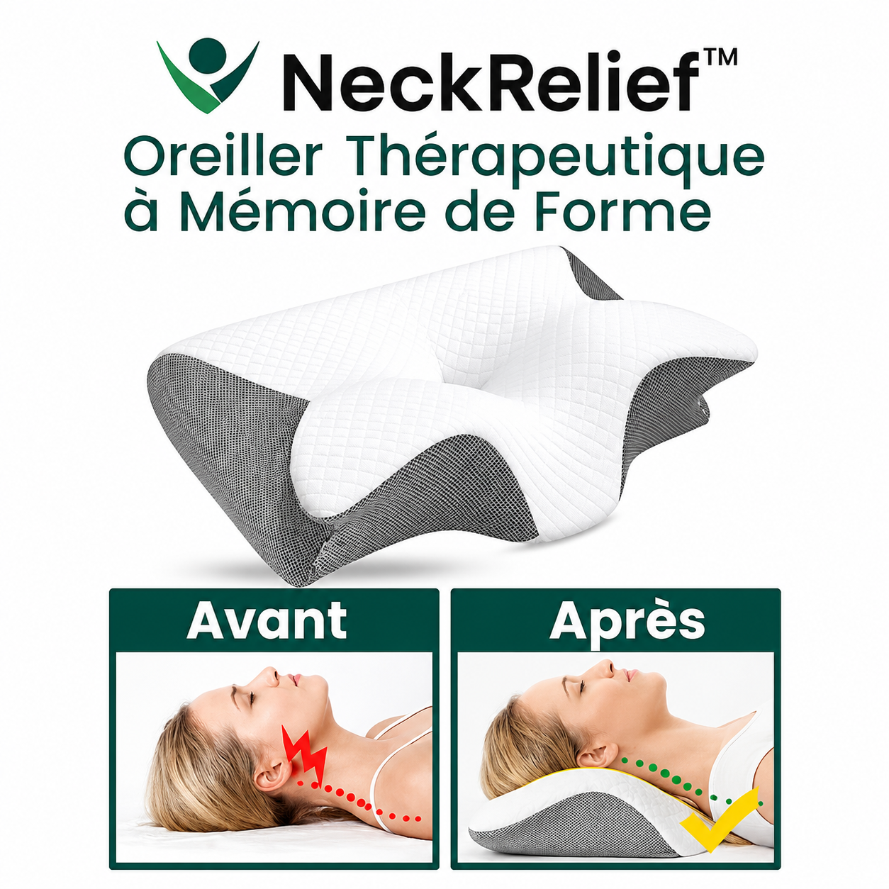 NeckRelief™ Oreiller Thérapeutique à Mémoire de Forme | Soulage les douleurs cervicales et améliore votre sommeil dès la première nuit!