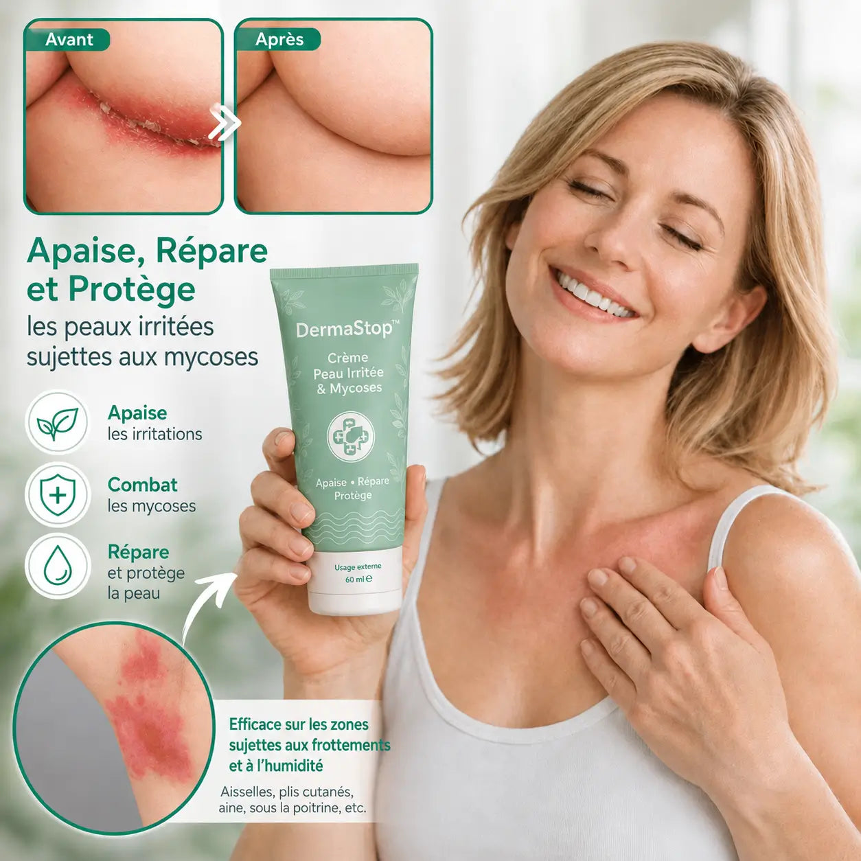 DermaStop™ Crème Peau Irritée & Mycoses | Stoppez les démangeaisons, les brûlures et l’humidité !