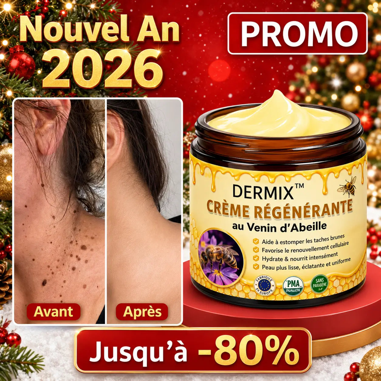 Dermix™ Crème Régénérante au Venin d’Abeille | Effacez rides et relâchement en 3 minutes !