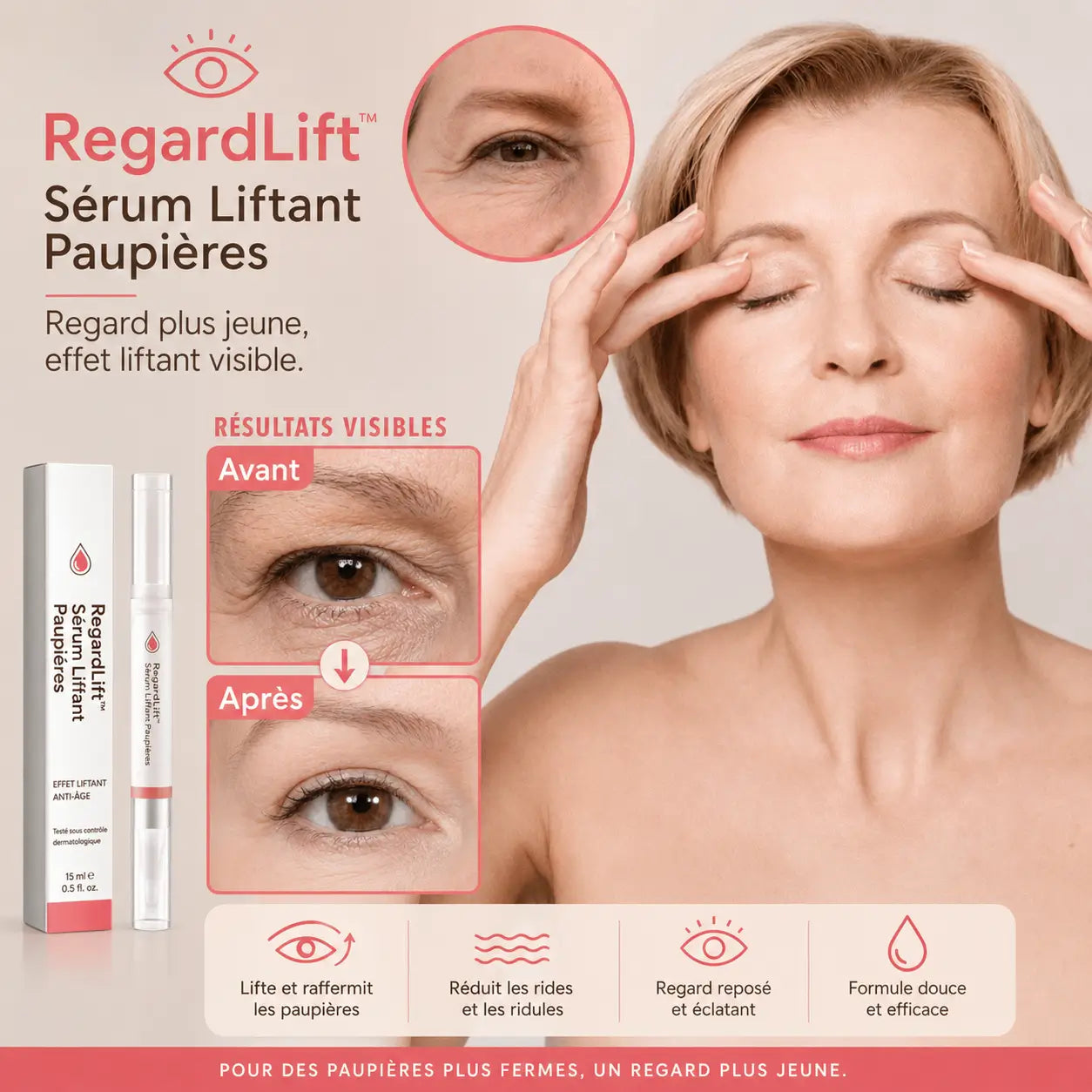 RegardLift™ Sérum Liftant Paupières | Soutenez un regard plus frais et plus ouvert, sans ruban adhésif ni intervention !