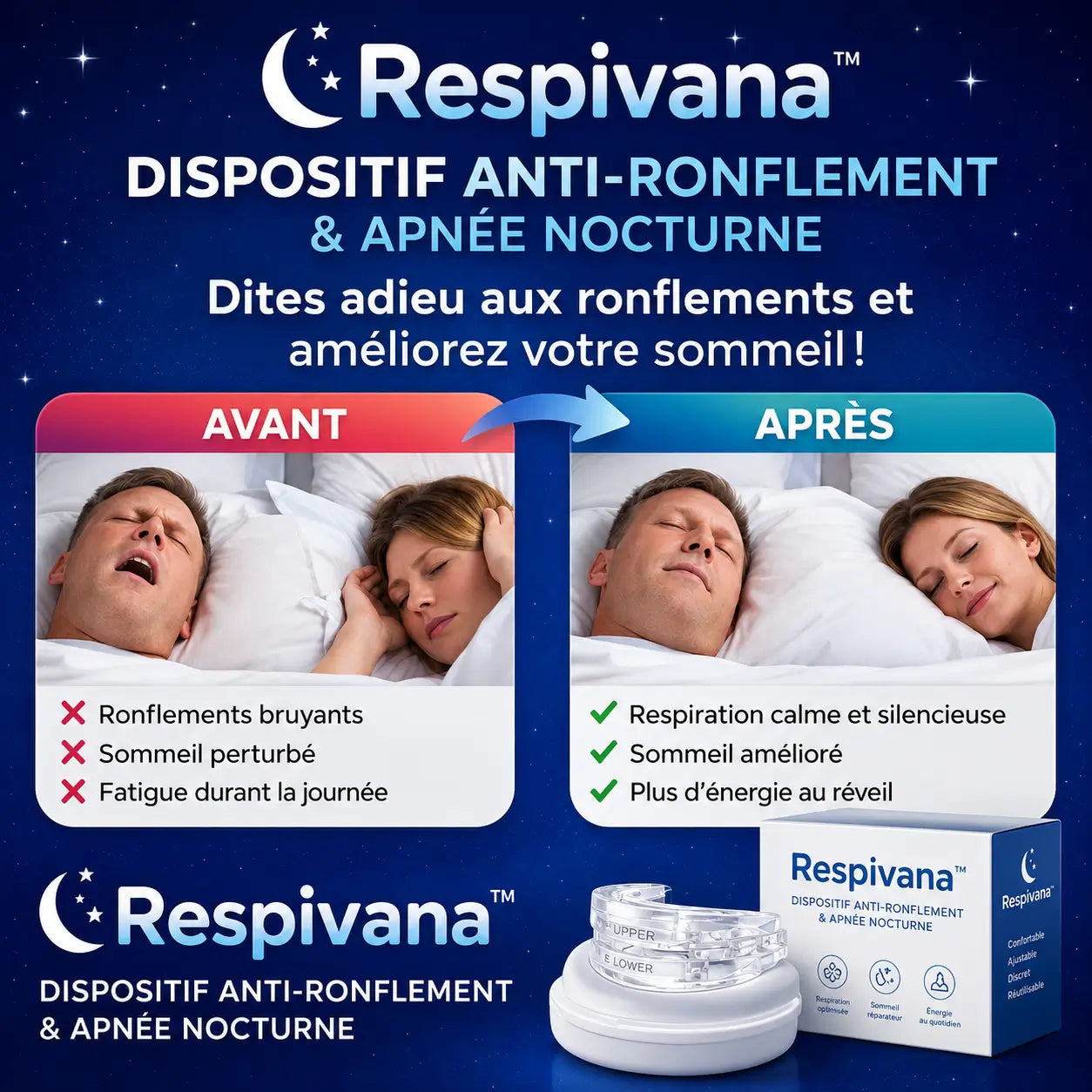 Respivana™ Dispositif Anti-Ronflement & Apnée Nocturne | Respirez librement et dormez profondément dès la première nuit !