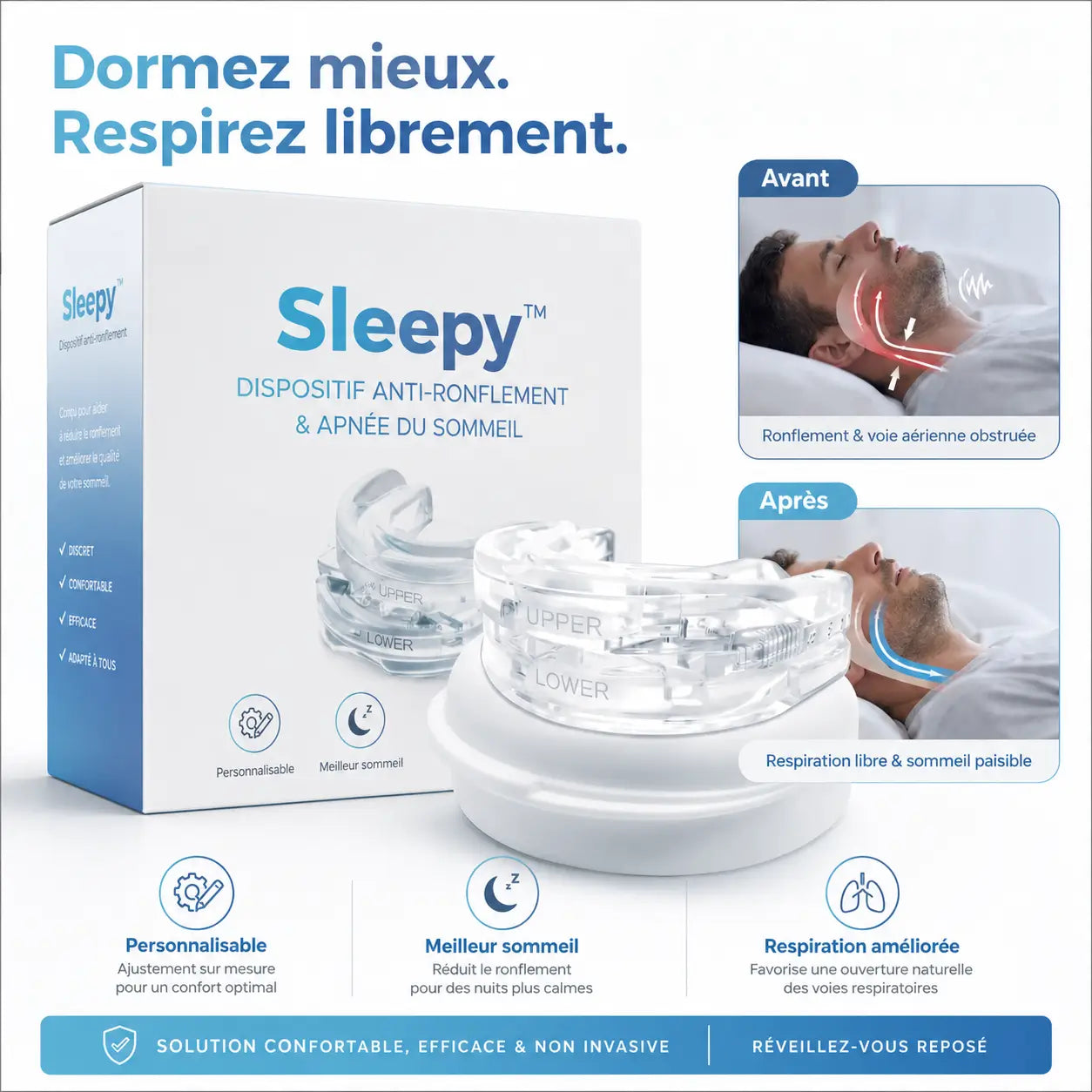 Sleepy™ Dispositif Anti-Ronflement & Apnée du Sommeil | Respirez librement et dormez profondément dès la première nuit !