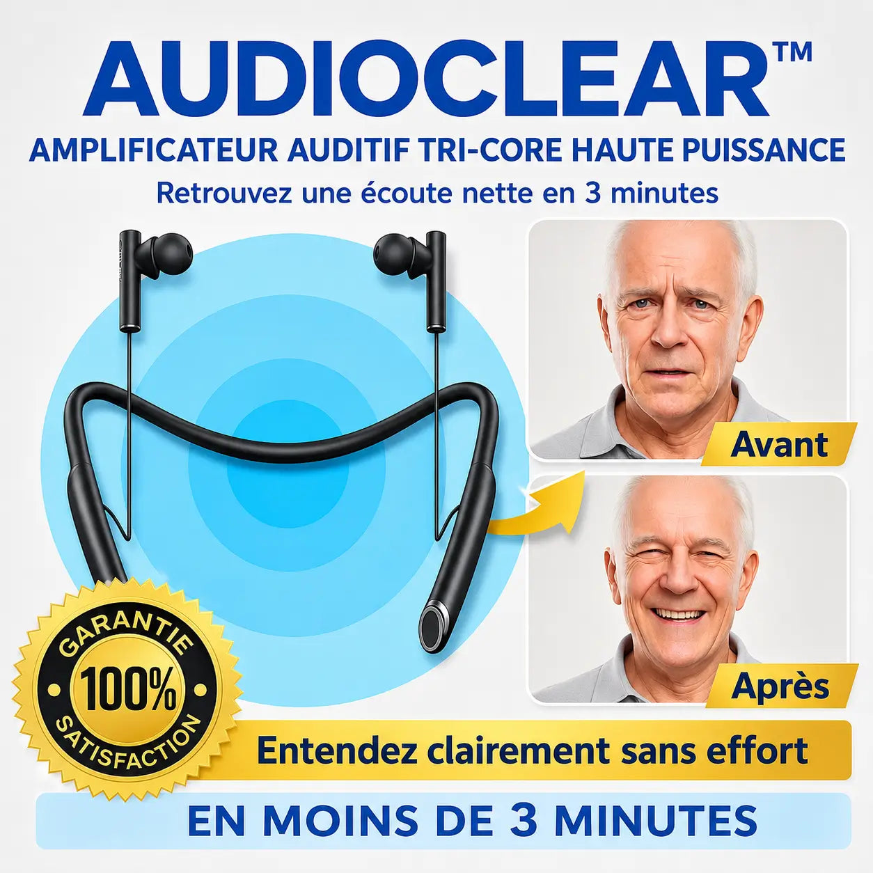 AudioClear™ Amplificateur Auditif Tri-Core Haute Puissance | Retrouvez une ouïe nette et parfaite en 3 minutes !