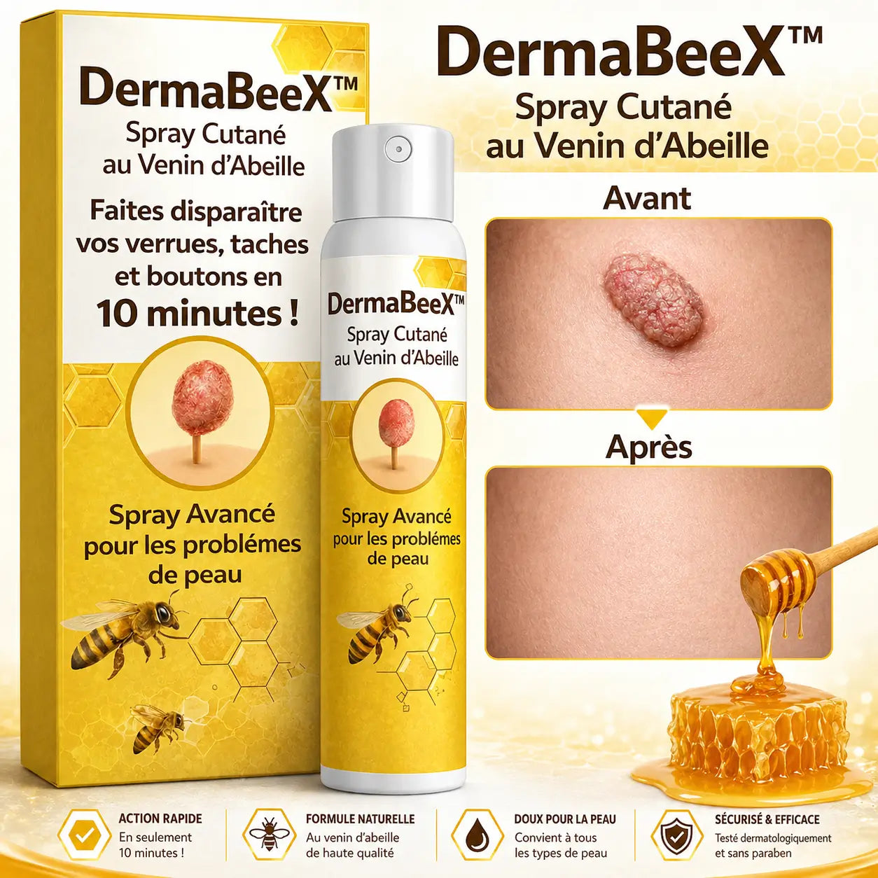 DermaBeeX™ Spray Cutané au Venin d’Abeille | Éliminez verrues, taches et boutons en 10 minutes !