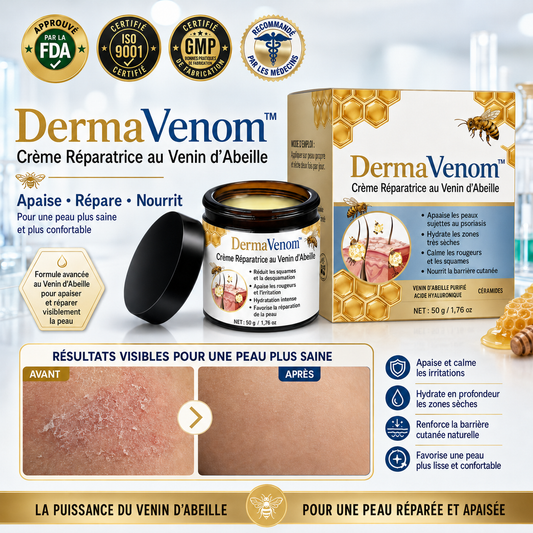 DermaVenom™ Crème Réparatrice au Venin d’Abeille | Stoppez démangeaisons, plaques et squames en 60 secondes !