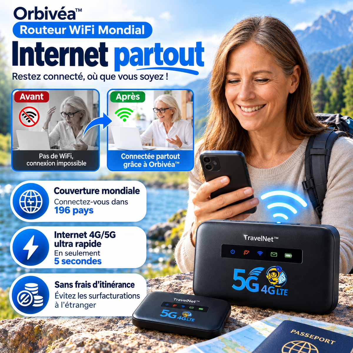 Orbivéa™ Routeur WiFi Mondial | Internet 4G/5G dans 196 pays en 5 secondes chrono, sans surcoût !