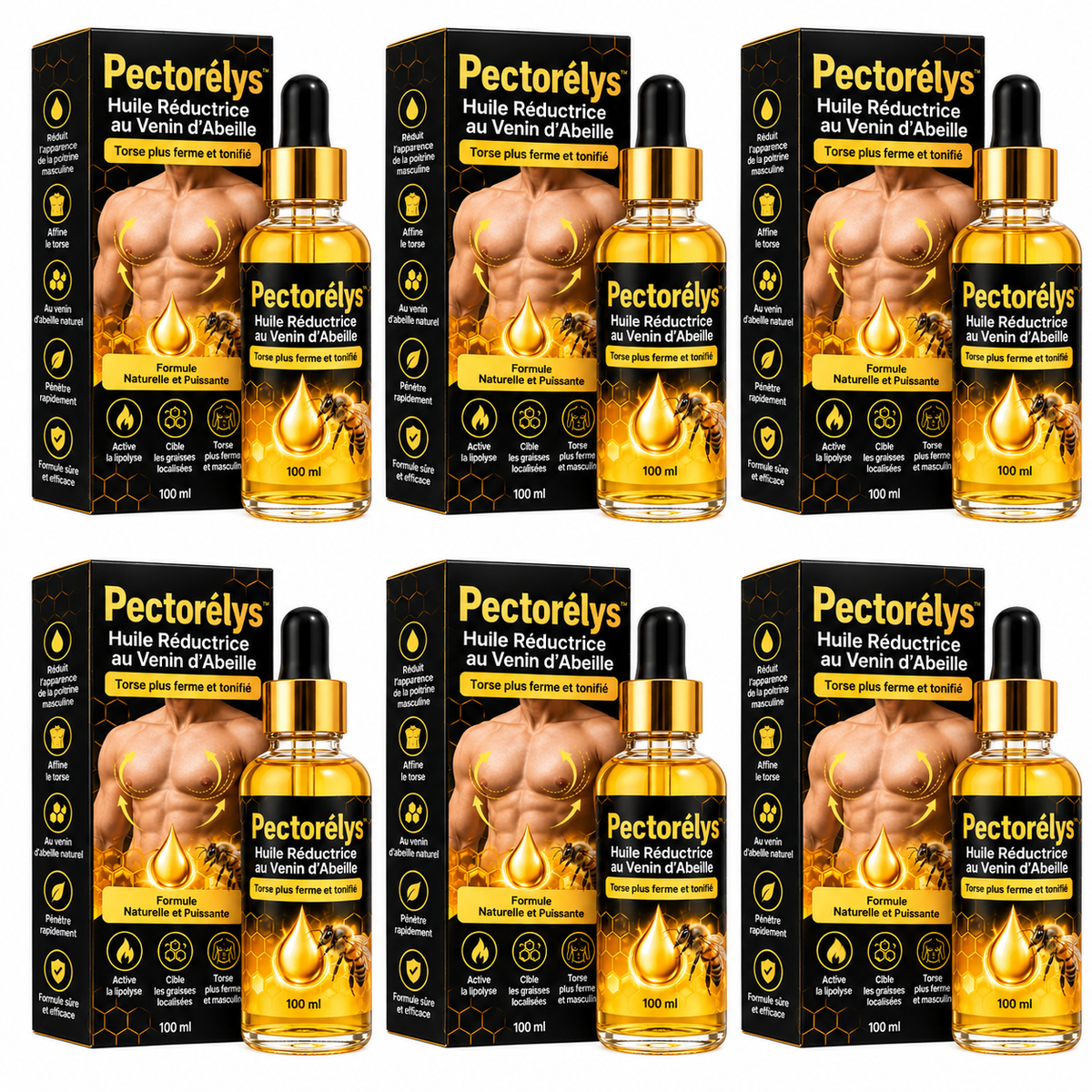 Pectorélys™ Huile Réductrice au Venin d’Abeille | Élimine les seins masculins en 7 jours chrono!