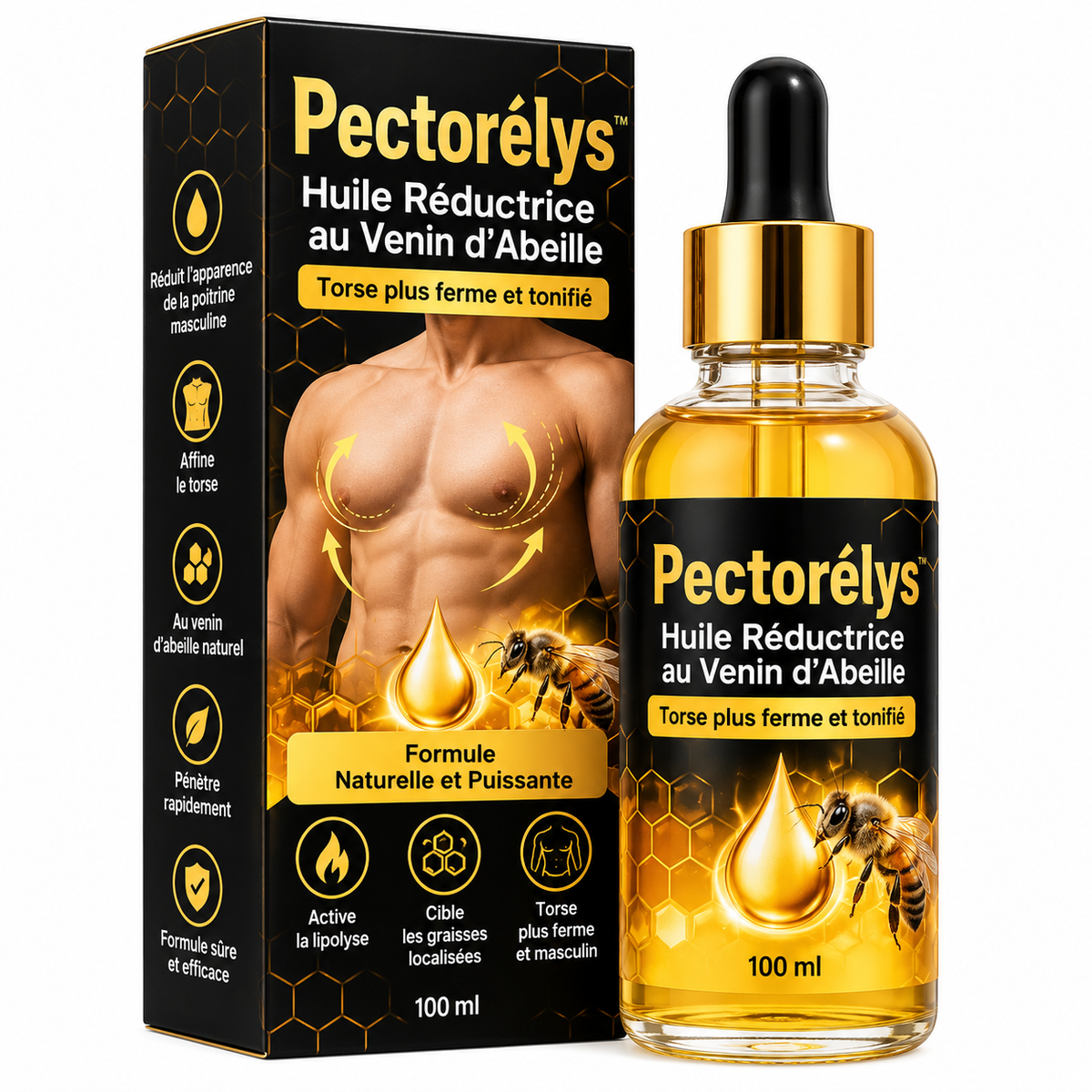 Pectorélys™ Huile Réductrice au Venin d’Abeille | Élimine les seins masculins en 7 jours chrono!