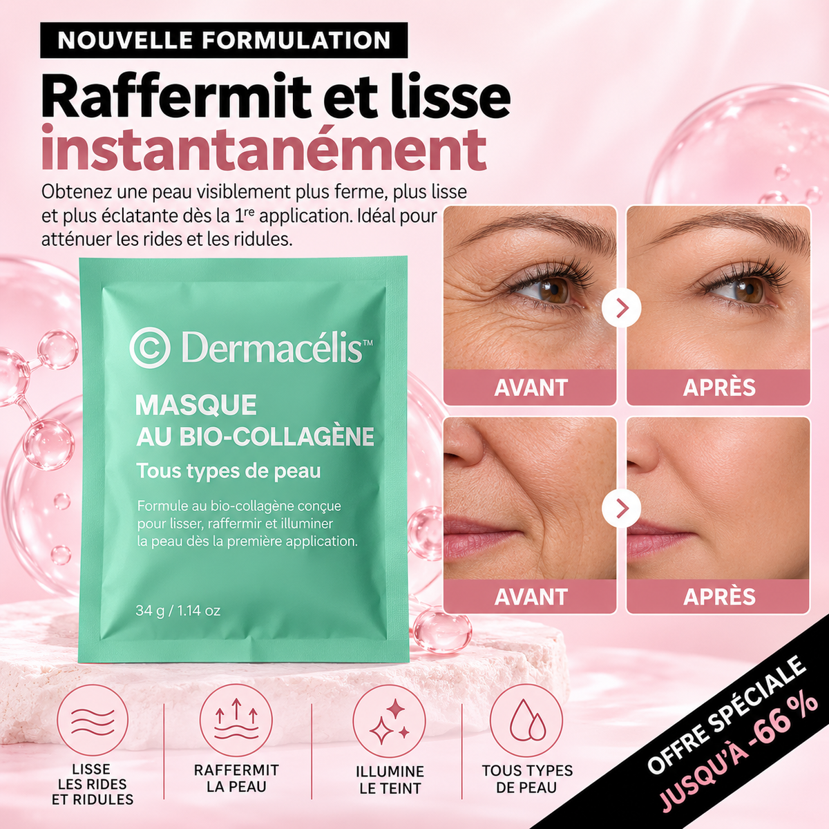 Dermacélis™ Masque au Bio-Collagène | Lisse rides et ridules pour une peau ferme et éclatante dès la 1ʳᵉ application!