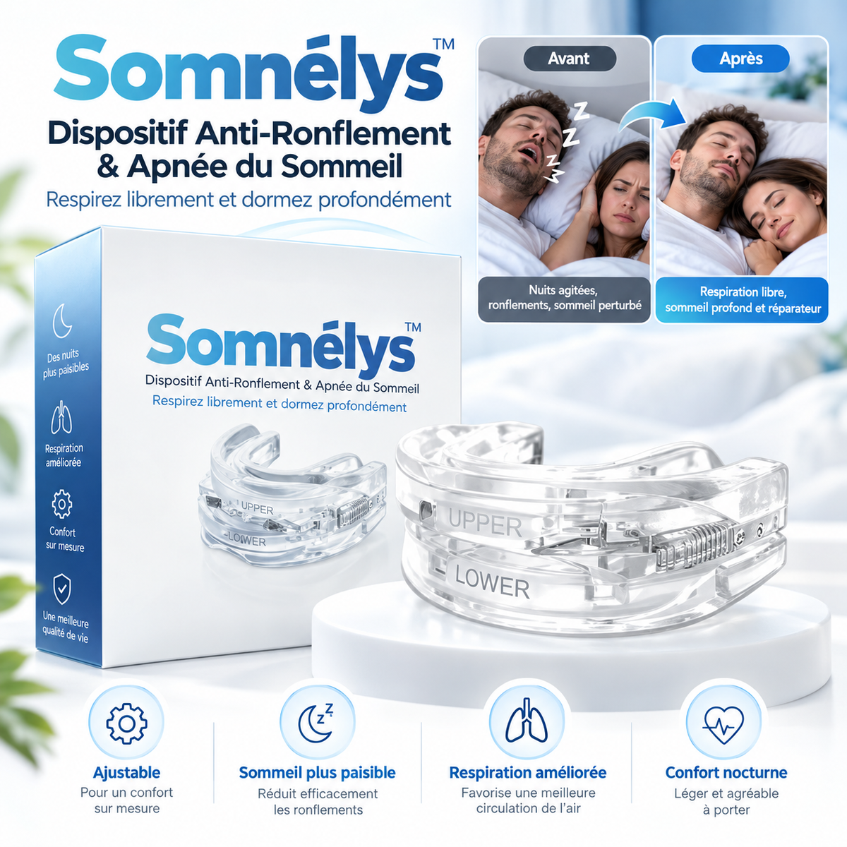 Somnélys™ Dispositif Anti-Ronflement & Apnée du Sommeil | Respirez librement et dormez profondément dès la première nuit !