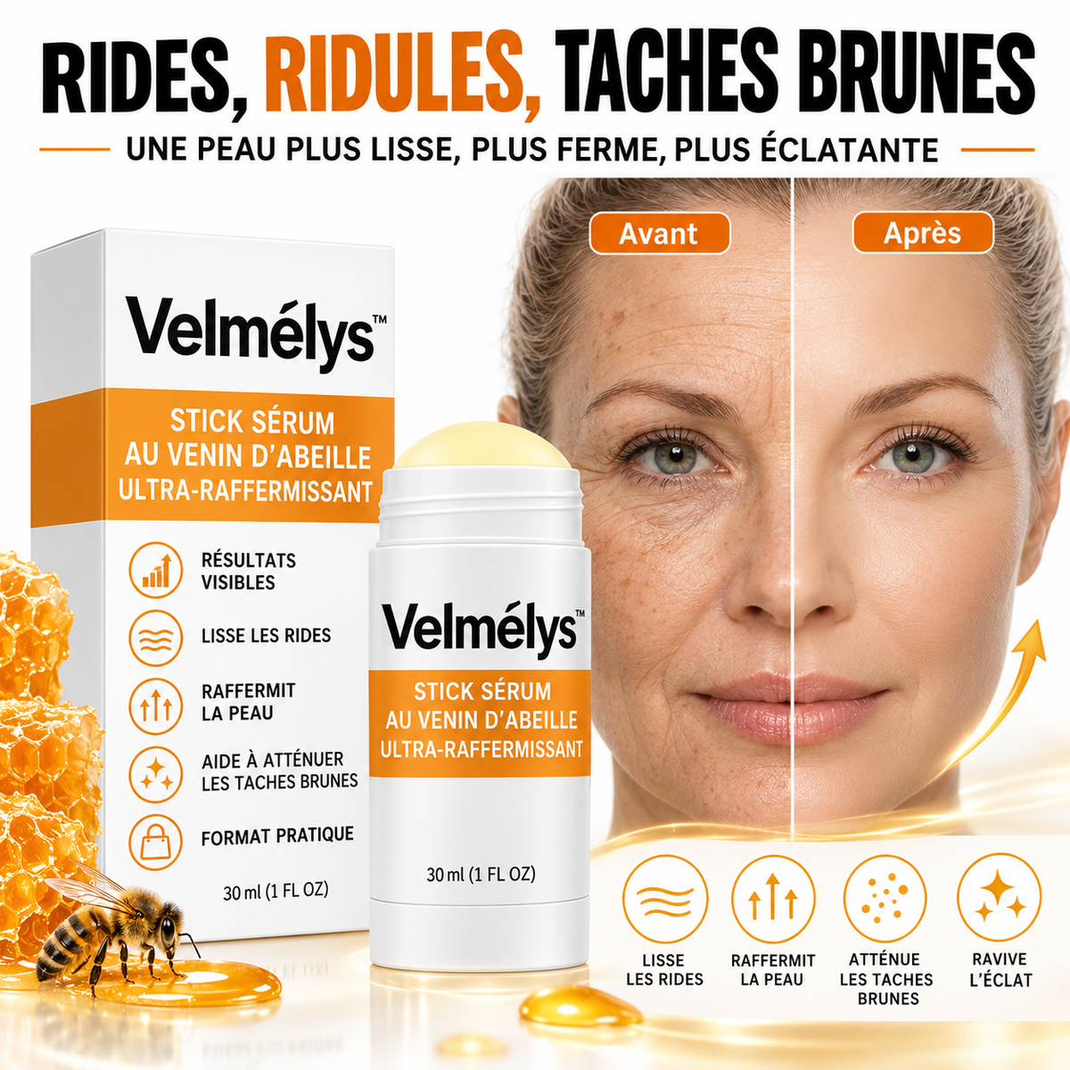 Velmélys™ Stick Sérum au Venin d’Abeille Ultra-Raffermissant | Efface les rides en 5 minutes chrono !