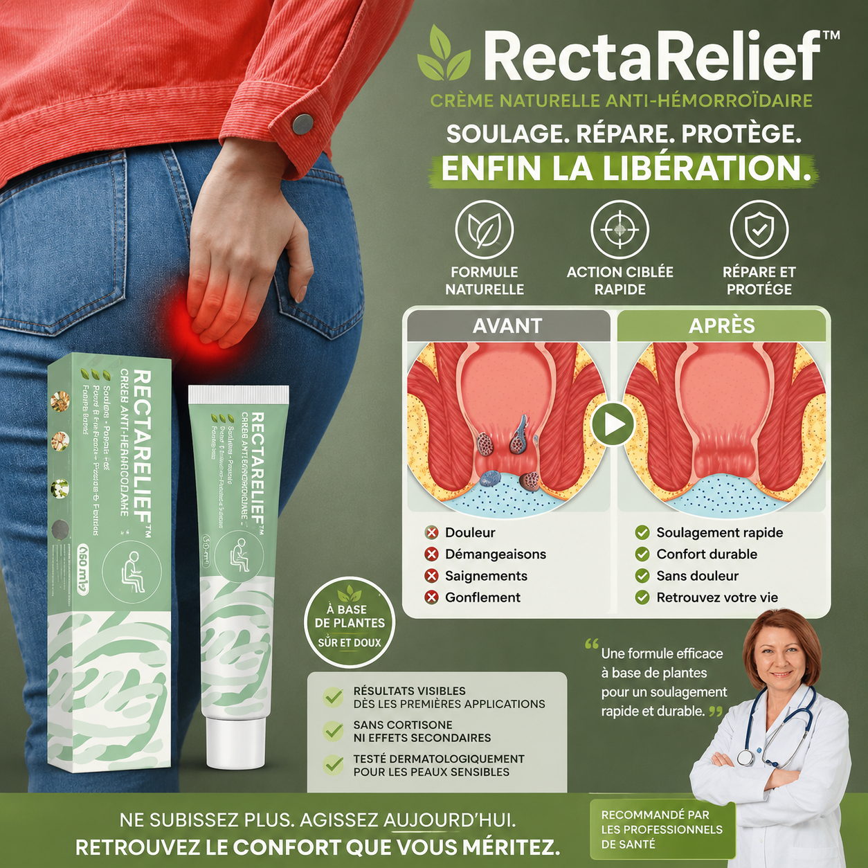 RectaRelief™ Crème Hémorroïdaire aux Plantes | Élimine 99% de la douleur et des gonflements dès la 1ère application !