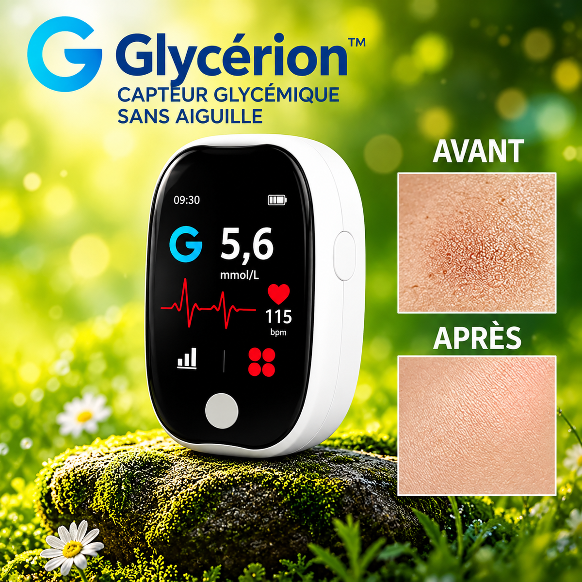 Glycérion™ Capteur Glycémique Sans Aiguille | Contrôlez votre glycémie en 3 secondes – sans douleur, sans piqûre, sans bandelette !