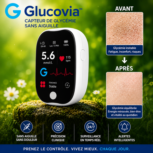 Glucovia™ Capteur Glycémique Sans Aiguille | Contrôlez votre glycémie en 3 secondes – sans douleur, sans piqûre, sans bandelette !